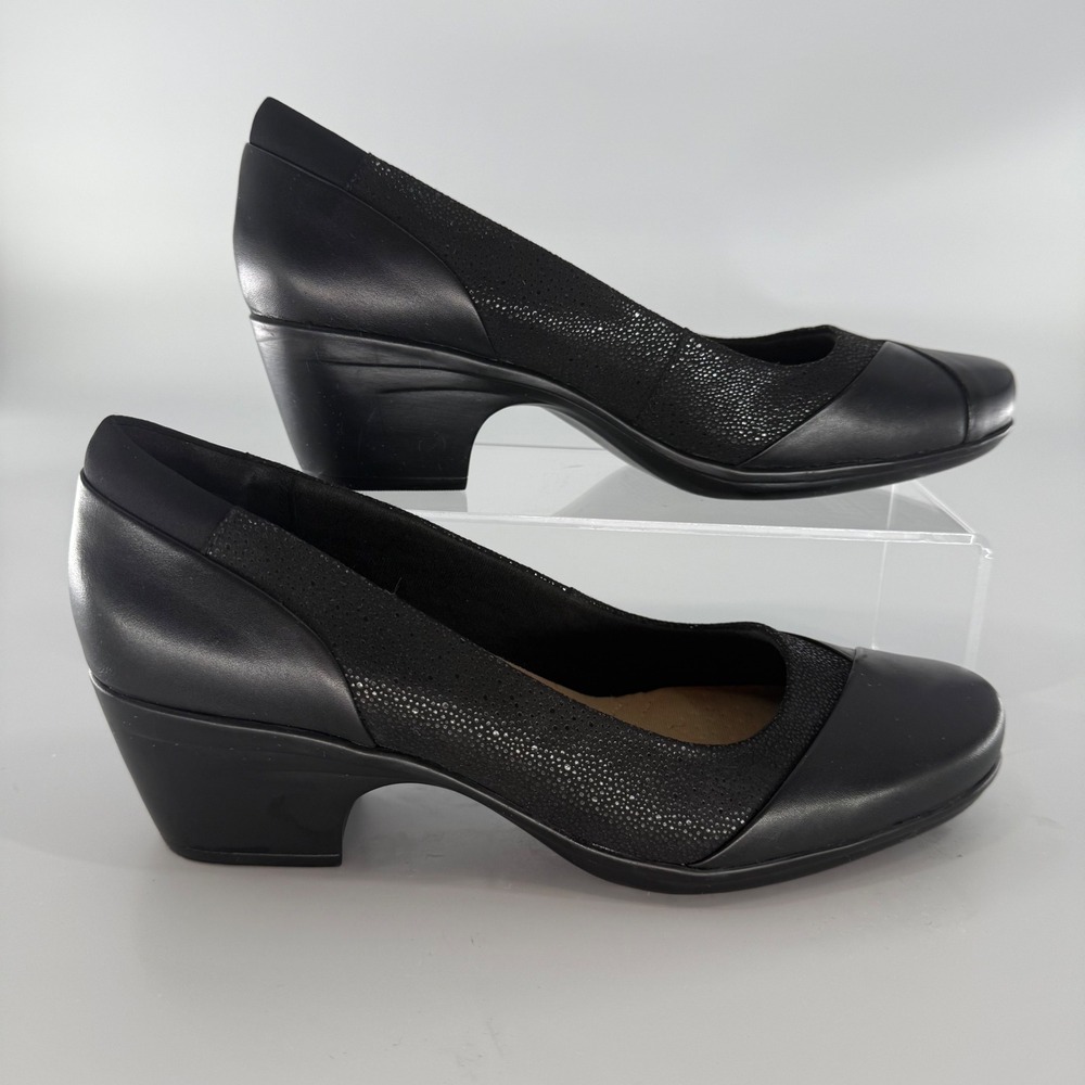 NEW Clarks Emily Alexa Black Leather Textile Block Heel Pumps Womens 10 M